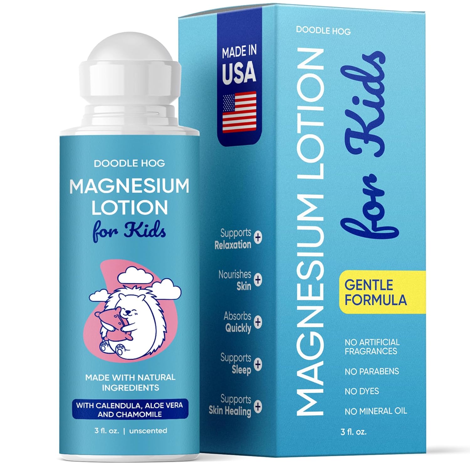 DOODLE HOG Magnesium Lotion for Kids With Calendula Aloe Vera and Chamomile Magnesium Lotion for Sleep Made in USA Kids Roll-On Application 3 fl oz