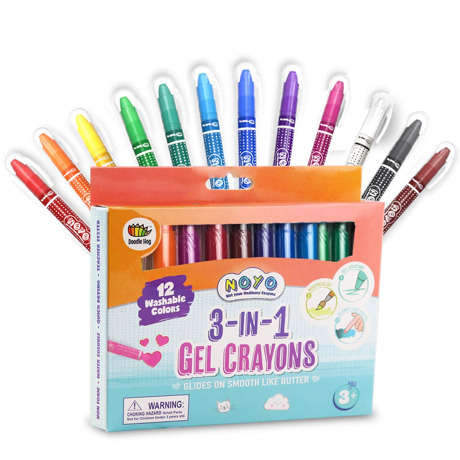 NOYO 12 Gel Crayons: 3 in 1 Washable Crayons Pastel Watercolor